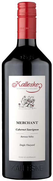 Red wine bottle of Kalleske Merchant Cabernet Sauvignon on white background.