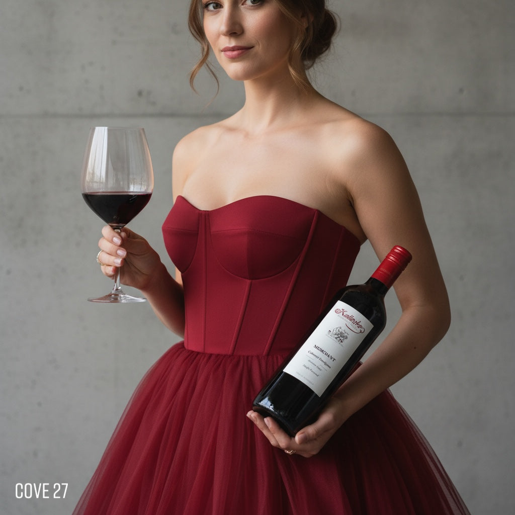 Load image into Gallery viewer, Woman in a red dress holding a wine glass and bottle of Kalleske Merchant Cabernet Sauvignon against a grey background