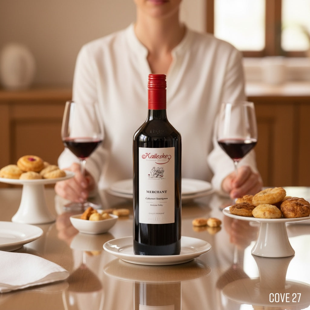 Load image into Gallery viewer, Person sitting at a table with a bottle of Kalleske Merchant Cabernet Sauvignon wine and two glasses, surrounded by snacks.