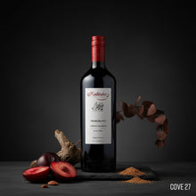 Load image into Gallery viewer, Bottle of Kalleske Merchant Cabernet Sauvignon wine with plums and eucalyptus on a dark background