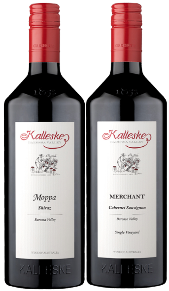 Two bottles of Kalleske red wine with red caps on a white background