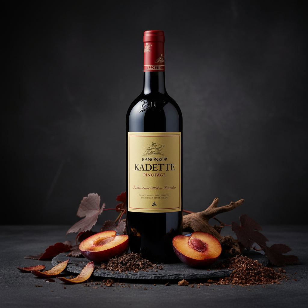 Bottle of Kanonkop Kadette Pinotage wine with plums on a dark background