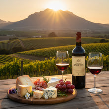 Load image into Gallery viewer, Kanonkop Kadette Pinotage wine bottle and glasses with a cheeseboard on a wooden table in a vineyard at sunset.