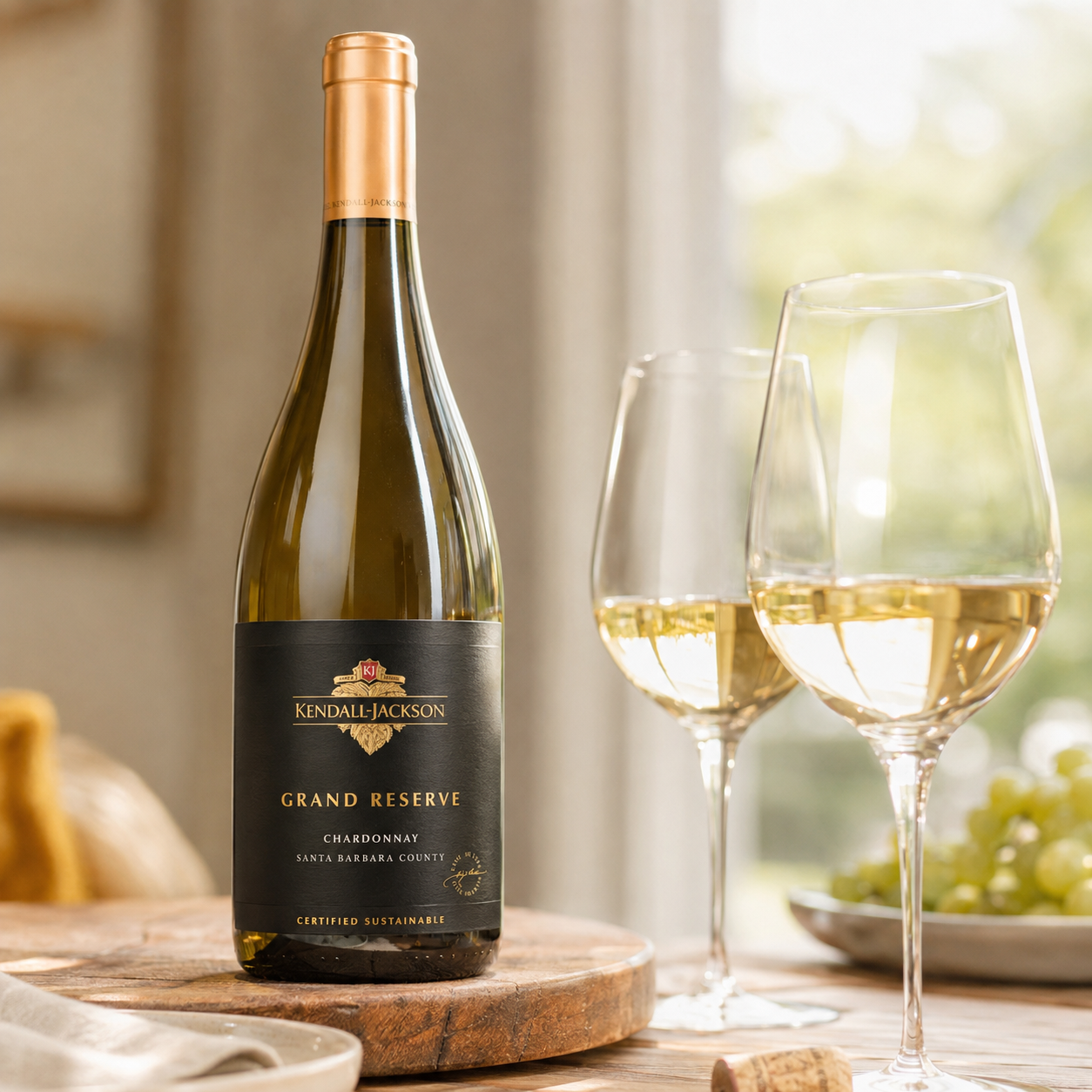 Load image into Gallery viewer, A bottle of Kendall Jackson Grand Reserve Chardonnay white wine stands on a wooden board with two filled wine glasses in a softly lit indoor setting.