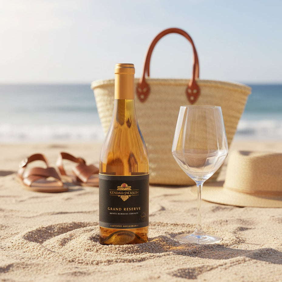 Load image into Gallery viewer, A bottle of wine labeled Kendall Jackson Grand Reserve Chardonnay stands on sandy beach next to an empty wine glass, with a straw tote bag, sandals, and a straw hat in the background near the ocean.