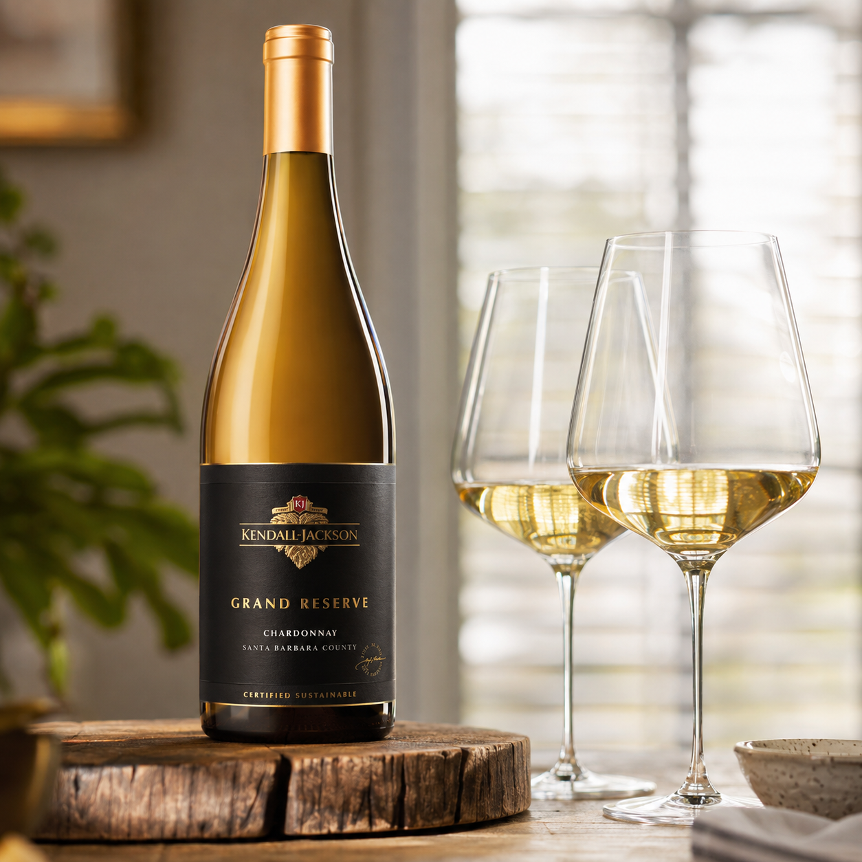 Load image into Gallery viewer, A bottle of Kendall Jackson Grand Reserve Chardonnay wine stands on a rustic wooden slice, with two filled wine glasses and soft indoor background elements.