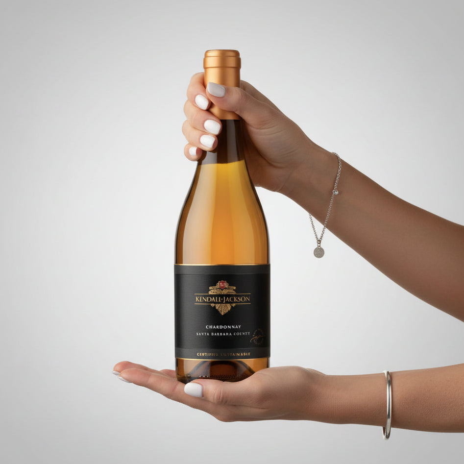 Load image into Gallery viewer, A hand holds a bottle of Kendall Jackson Grand Reserve Chardonnay against a light grey gradient background. The bottle has a gold foil top, a black label with gold lettering, and is shown from a side angle with the other hand supporting the base.
