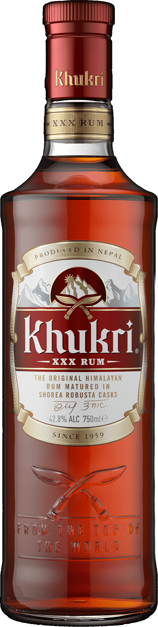 Load image into Gallery viewer, Khukri XXX Rum bottle with red label and gold accents