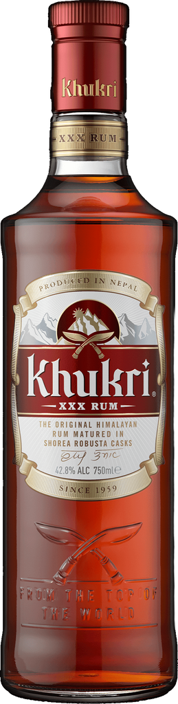 Khukri XXX Rum bottle with red label and gold accents