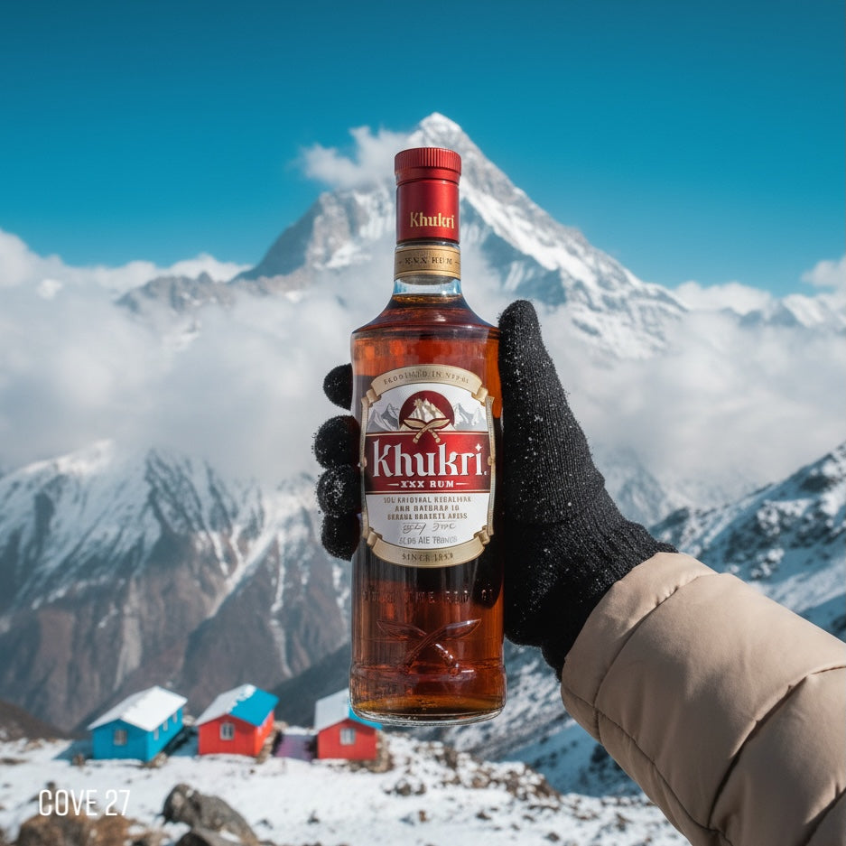 Load image into Gallery viewer, Bottle of Khukri DARK rum held in front of a mountainous landscape with snow-capped peaks.