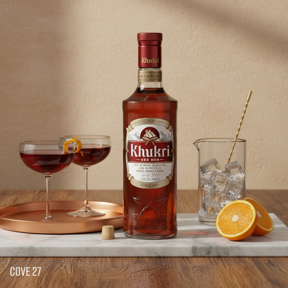 Load image into Gallery viewer, Khukri rum bottle with two cocktails and an orange on a marble surface.