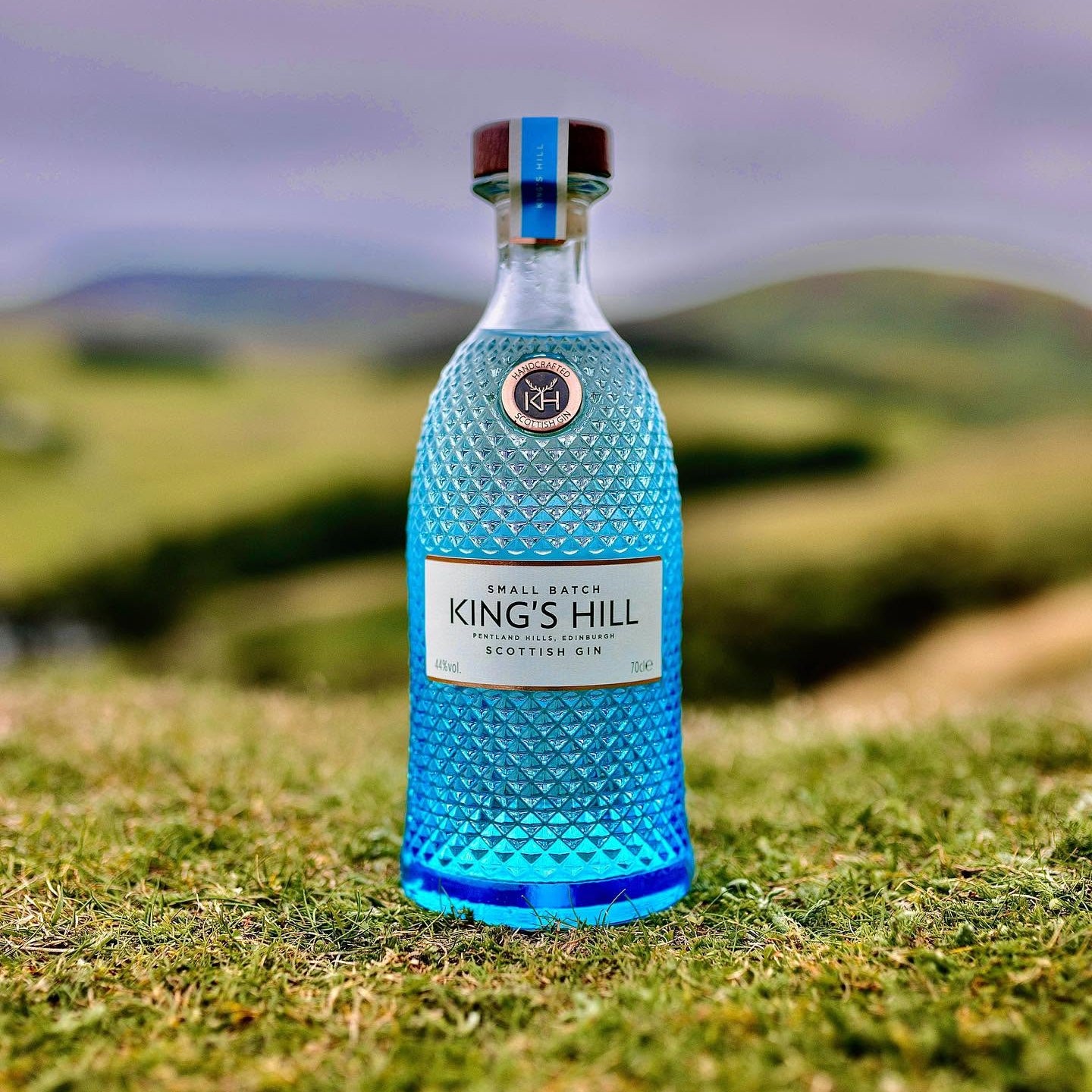 Load image into Gallery viewer, A bottle of King's Hill Scottish Gin filled, standing upright on a grassy field with a blurred mountain landscape in the background.