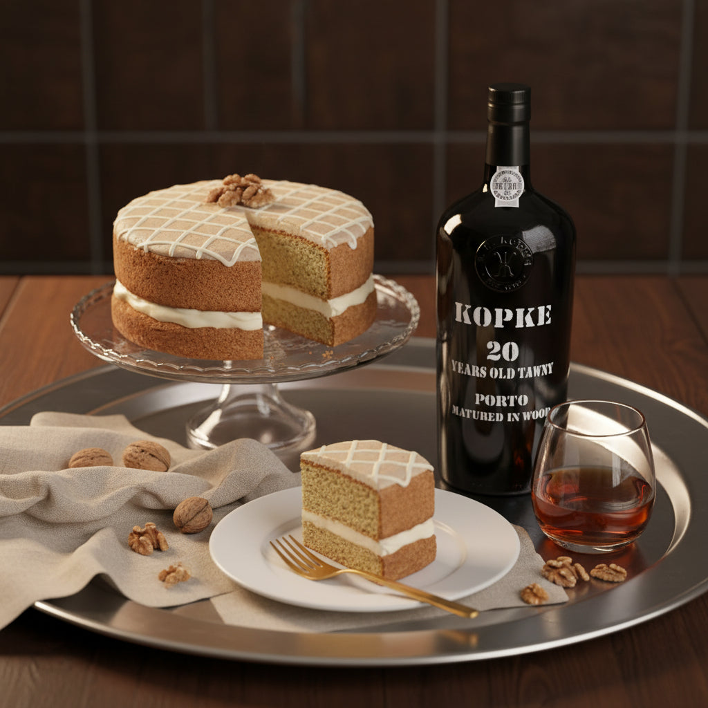 Load image into Gallery viewer, A styled tabletop scene with a sliced layered cake on a glass stand, a single slice on a plate with a fork, a bottle of Kopke 20 Year Old Tawny Port wine, and a small glass of amber liquid on a large silver tray. A folded cloth and scattered walnuts are also present.