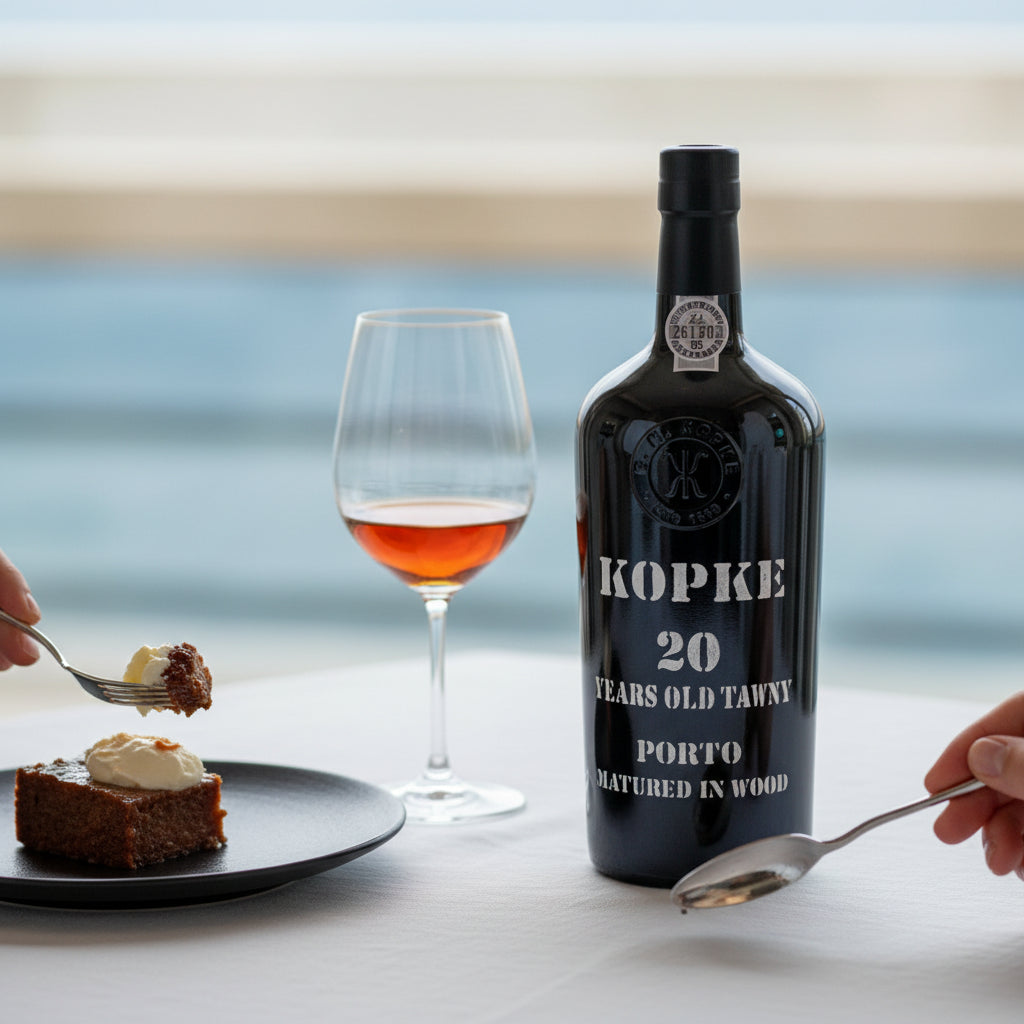 Load image into Gallery viewer, A bottle of Kopke 20 Year Old Tawny Port wine stands on a white tablecloth beside a filled wine glass, with dessert and hands holding spoons in the foreground.