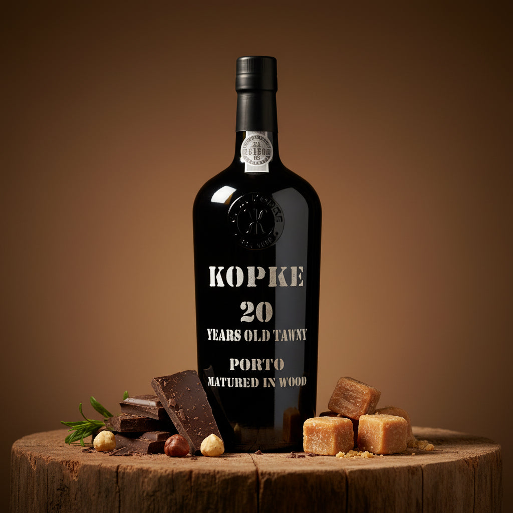 Load image into Gallery viewer, A black bottle of Kopke 20 Year Old Tawny Port wine, styled on a rustic wooden block with chocolate pieces, caramel cubes, and hazelnuts against a warm brown background.