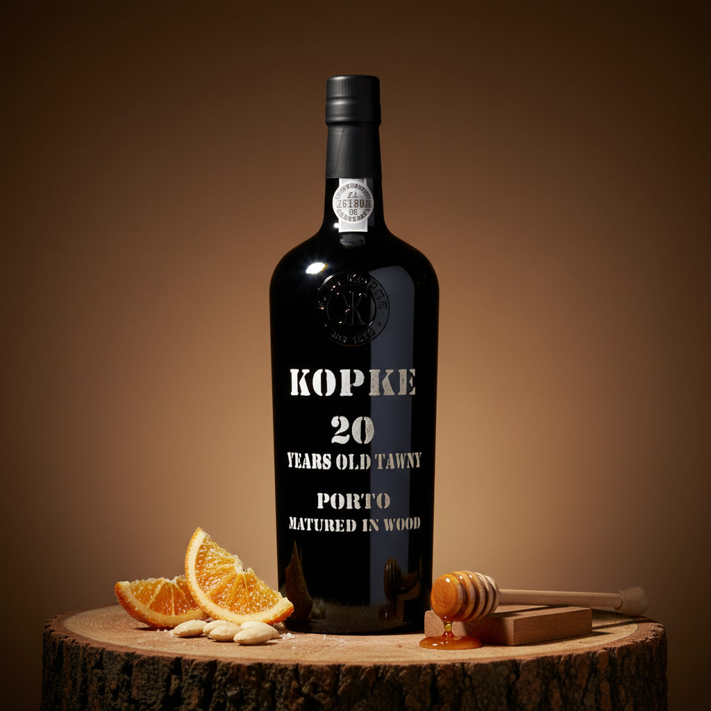 Load image into Gallery viewer, A black bottle of Kopke 20 Year Old Tawny Port wine, styled on a wooden log slice with orange slices, almonds, and a honey dipper against a warm brown background.