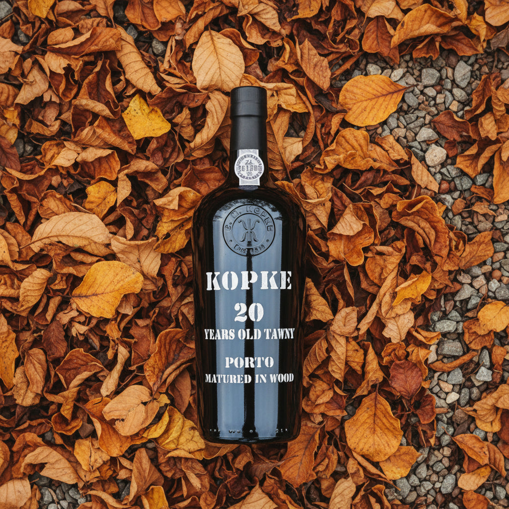 Load image into Gallery viewer, A dark glass bottle of Kopke 20 Year Old Tawny Port wine with white text, placed flat on a bed of dry brown autumn leaves and grey gravel.