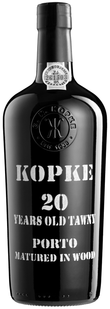 A black bottle of Kopke 20 Year Old Tawny Port wine, featuring white text and a silver seal on the neck, set against a plain white background.