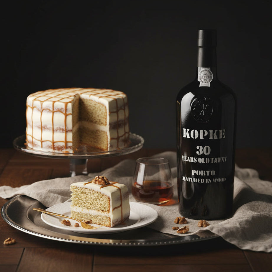 Load image into Gallery viewer, A dark bottle of Kopke 30 Year Old Tawny Port stands on a silver tray beside a slice of layered cake and a small glass on a draped cloth, with a full cake in the background.