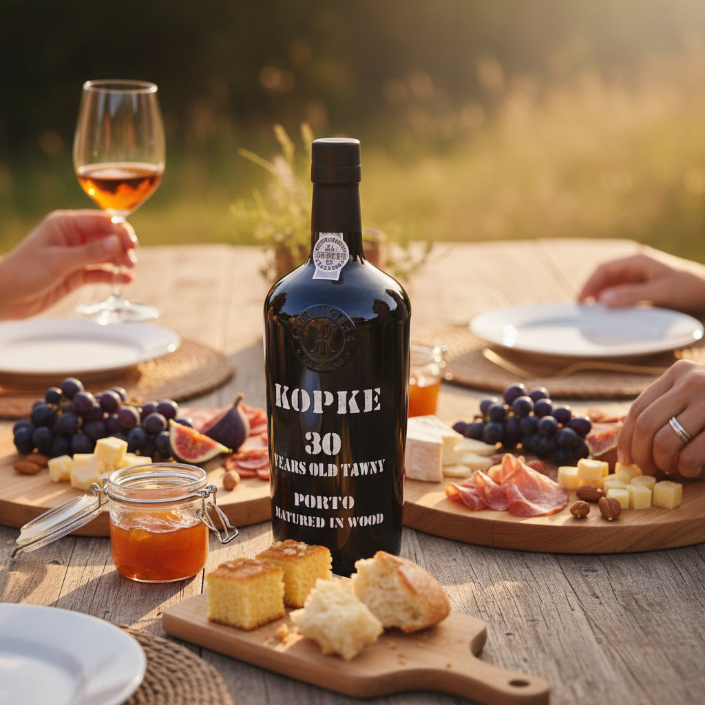 Load image into Gallery viewer, A bottle of Kopke 30 Year Old Tawny Port stands on a wooden table surrounded by food and hands at an outdoor dining setting.