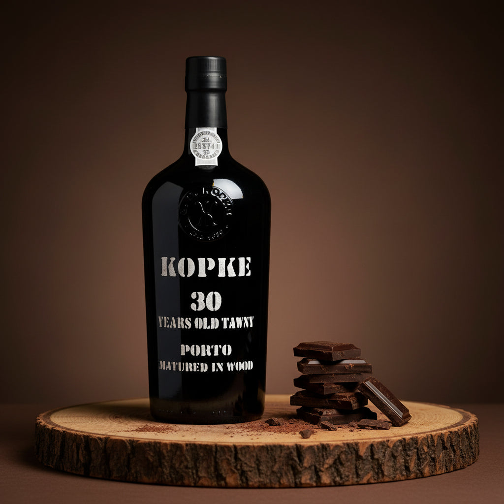 Load image into Gallery viewer, A black bottle of Kopke 30 Year Old Tawny Port sits on a round wood slice with stacked chocolate pieces beside it against a dark brown studio background.