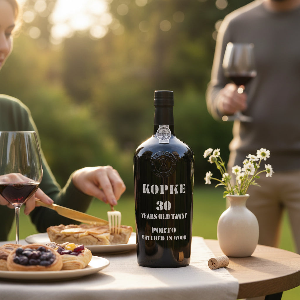 Load image into Gallery viewer, A bottle of Kopke 30 Year Old Tawny Port stands on a table in an outdoor dining setting, with people holding wine glasses blurred in the background.