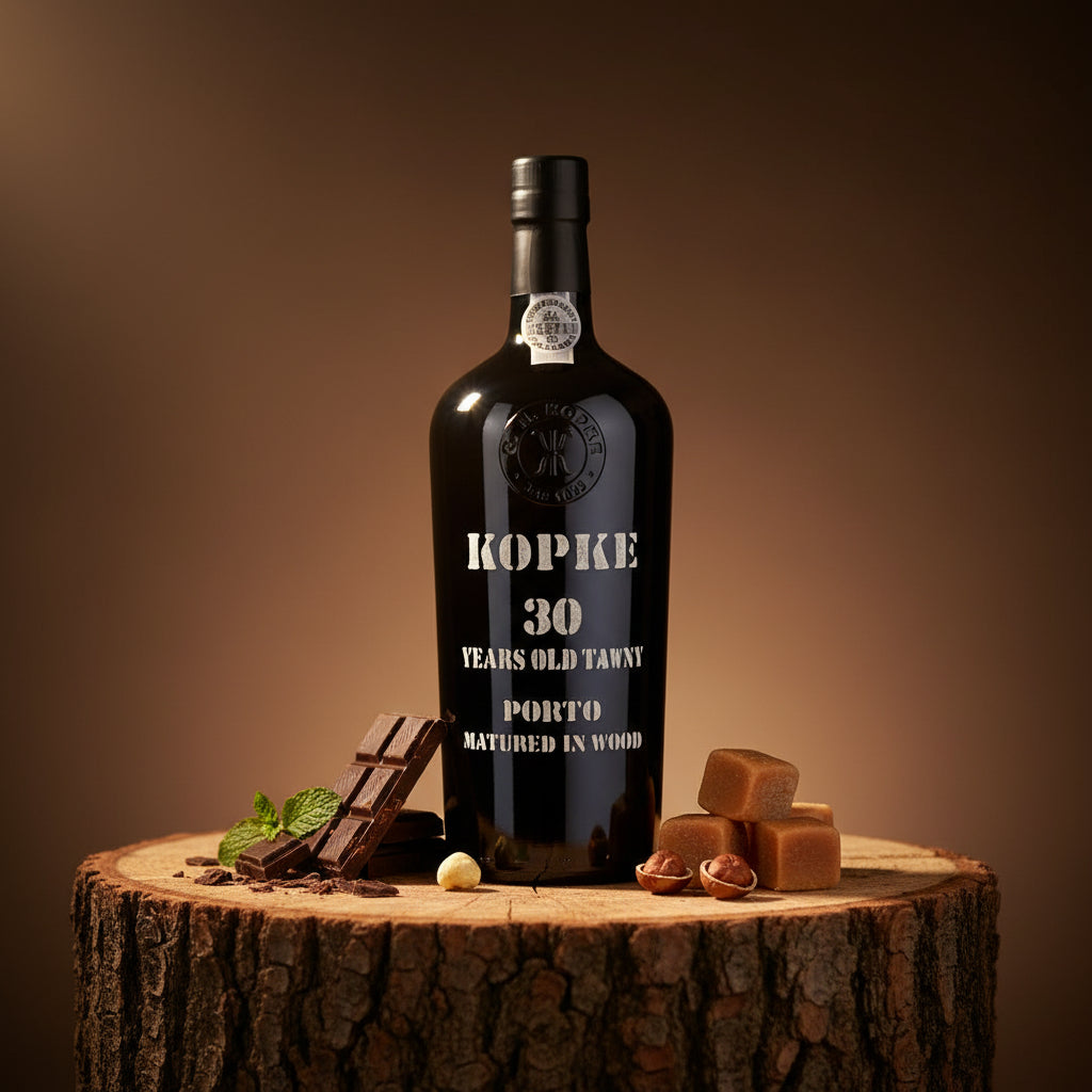 Load image into Gallery viewer, A bottle of Kopke 30 Year Old Tawny Port stands on a rustic wood stump, surrounded by chocolate pieces, mint, and a small nut, against a warm brown gradient background.