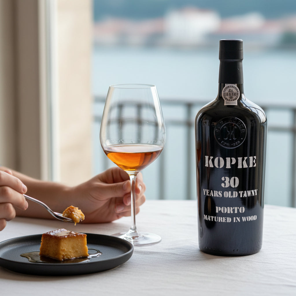 Load image into Gallery viewer, A black bottle of Kopke 30 Year Old Tawny Port stands on a table beside a filled wine glass and a dessert plate, with a person's hands holding a fork in a softly blurred indoor setting.