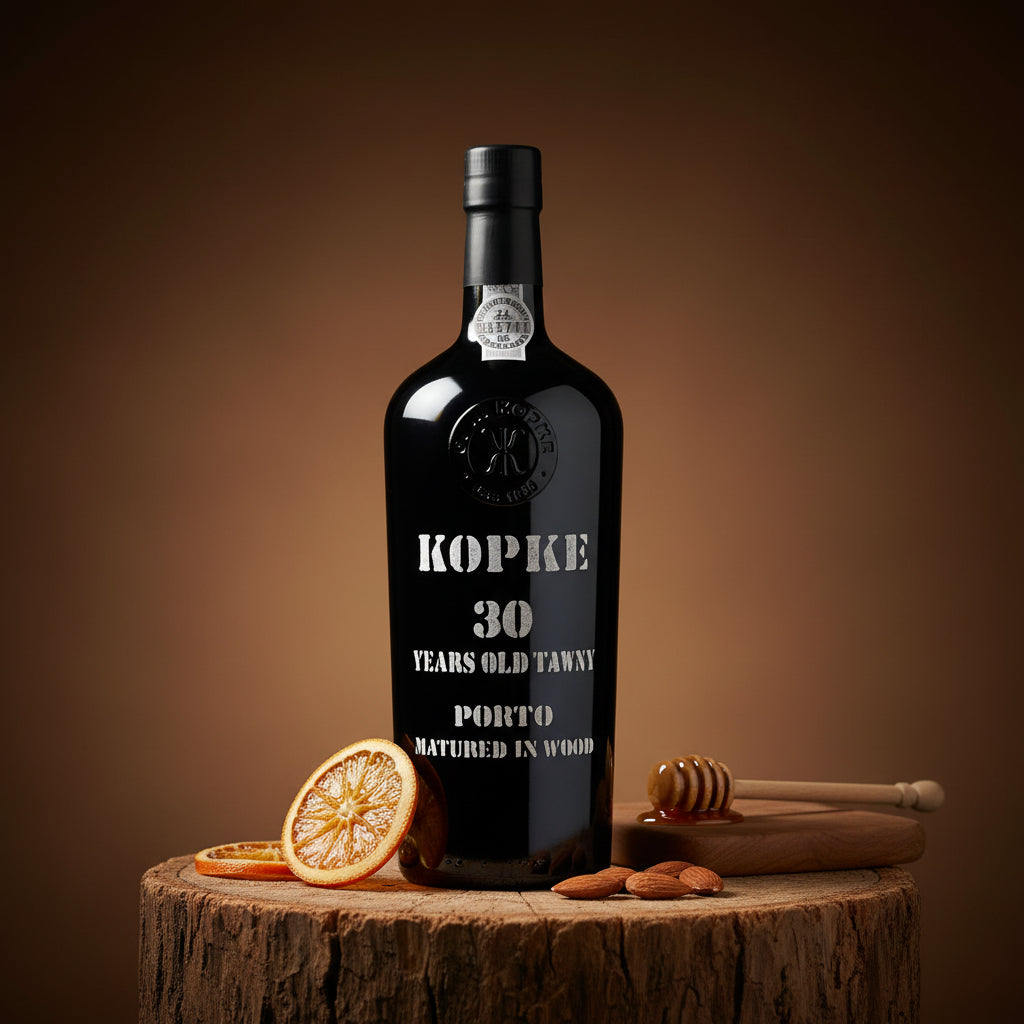 Load image into Gallery viewer, A bottle of Kopke 30 Year Old Tawny Port stands on a rustic wood stump with dried orange slices, almonds, and a wooden honey dipper against a warm brown gradient background.