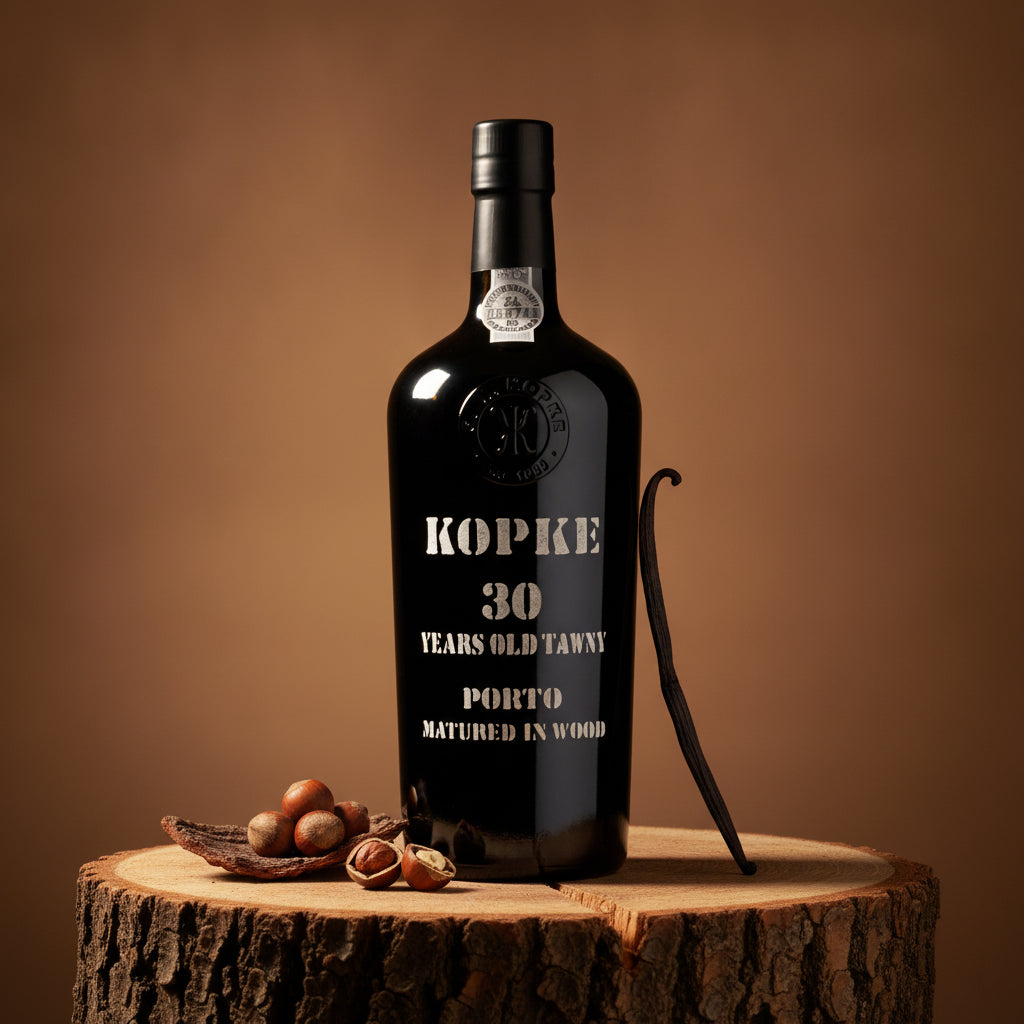 Load image into Gallery viewer, A bottle of Kopke 30 Year Old Tawny Port stands on a wood stump against a warm brown background, with a vanilla bean and a few hazelnuts beside it.