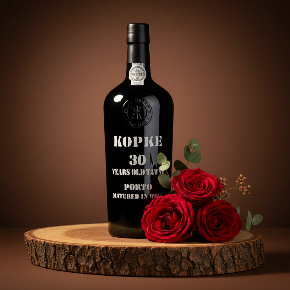 Load image into Gallery viewer, A black bottle of Kopke 30 Year Old Tawny Port wine stands on a rustic wood slice with three red roses and small green leaves against a dark brown gradient background.