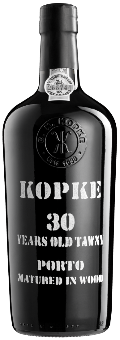 Load image into Gallery viewer, A black bottle of Kopke 30 Years Old Tawny Porto wine, matured in wood, featuring white text and a silver seal on the neck, set against a plain white background.