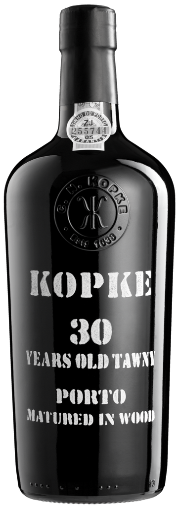 A black bottle of Kopke 30 Years Old Tawny Porto wine, matured in wood, featuring white text and a silver seal on the neck, set against a plain white background.