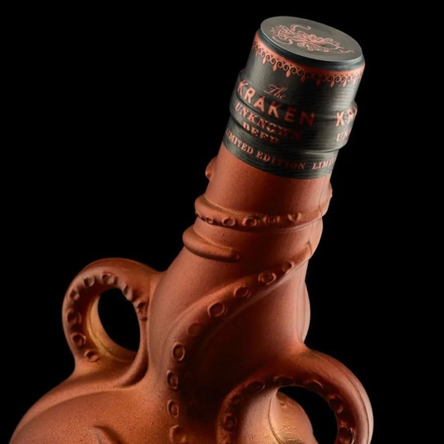 Kraken bottle neck with octopus design on a black background