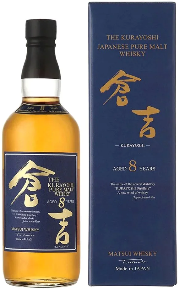 An image of a bottle of Kurayoshi 8YO Japanese Blended Malt Whisky 700ml next to its impressive gift box