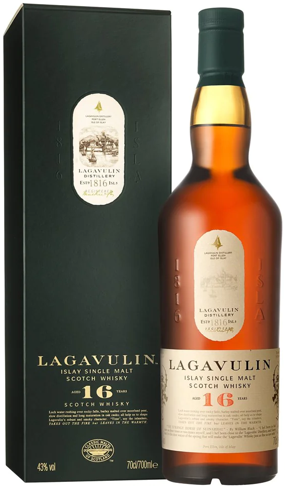 An image of a bottle of Lagavulin 16 year old Single Malt Whisky next to its handsome gift box. An iconic and one of the best Scotch Whiskies. Makes a great gift.