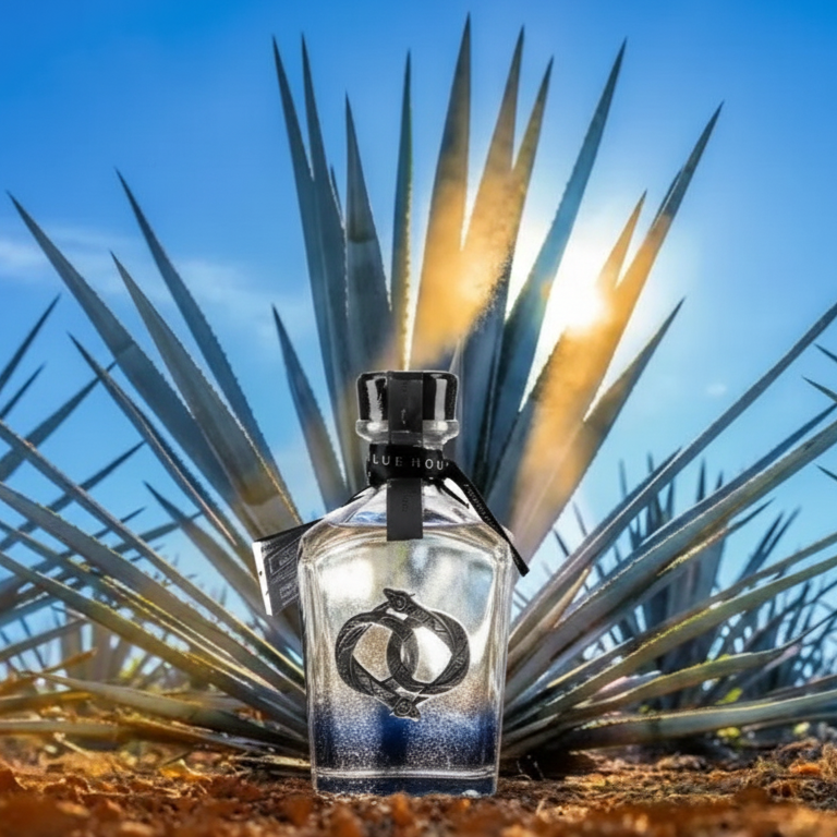 Tequila bottle with agave plants in the background
