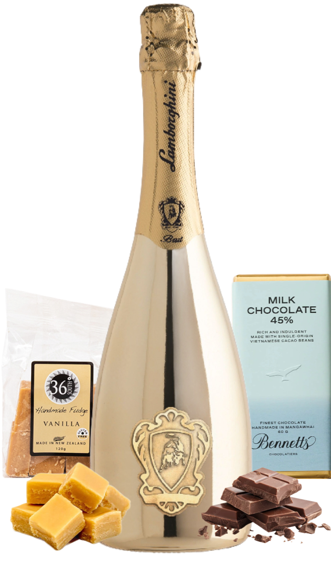 Load image into Gallery viewer, Bottle of Lamborghini spumante with chocolate, fudge, and a bar of milk chocolate on a white background