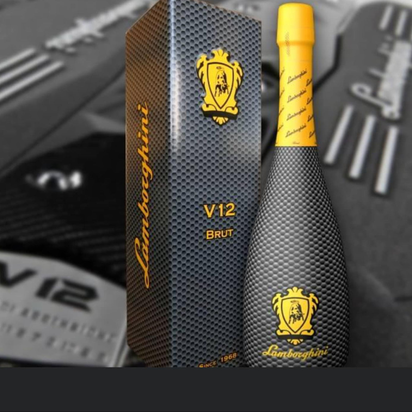 Load image into Gallery viewer, Lamborghini V12 Brut champagne bottle and packaging on a black and gray background