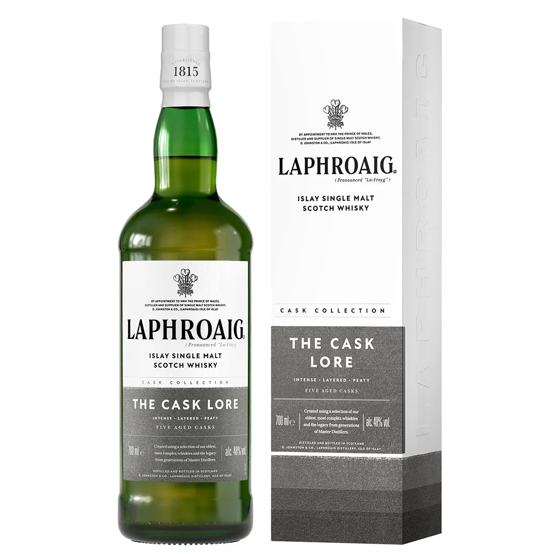 Load image into Gallery viewer, Laphroaig Islay Cask Lore Single Malt Scotch Whisky bottle and gift box packaging on a white background