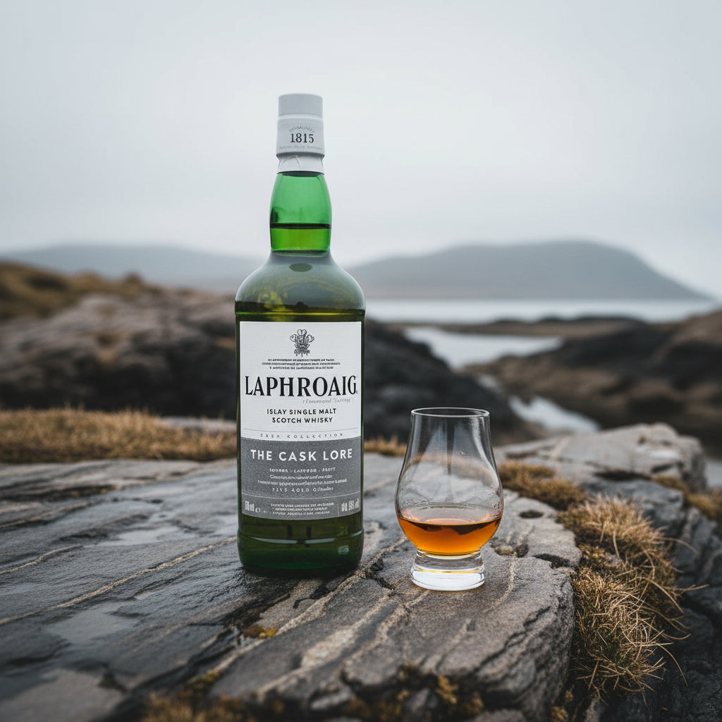 Load image into Gallery viewer, A bottle of Laphroaig Cask Lore Single Malt Scotch whisky stands on a rocky shoreline beside a small glass of amber liquor, with water and distant landforms in the background.
