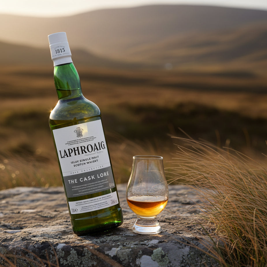 Load image into Gallery viewer, A bottle of Laphroaig The Cask Lore single malt Scotch whisky and a glass of the amber liquor, placed on a stone in an outdoor mountain landscape at golden hour.