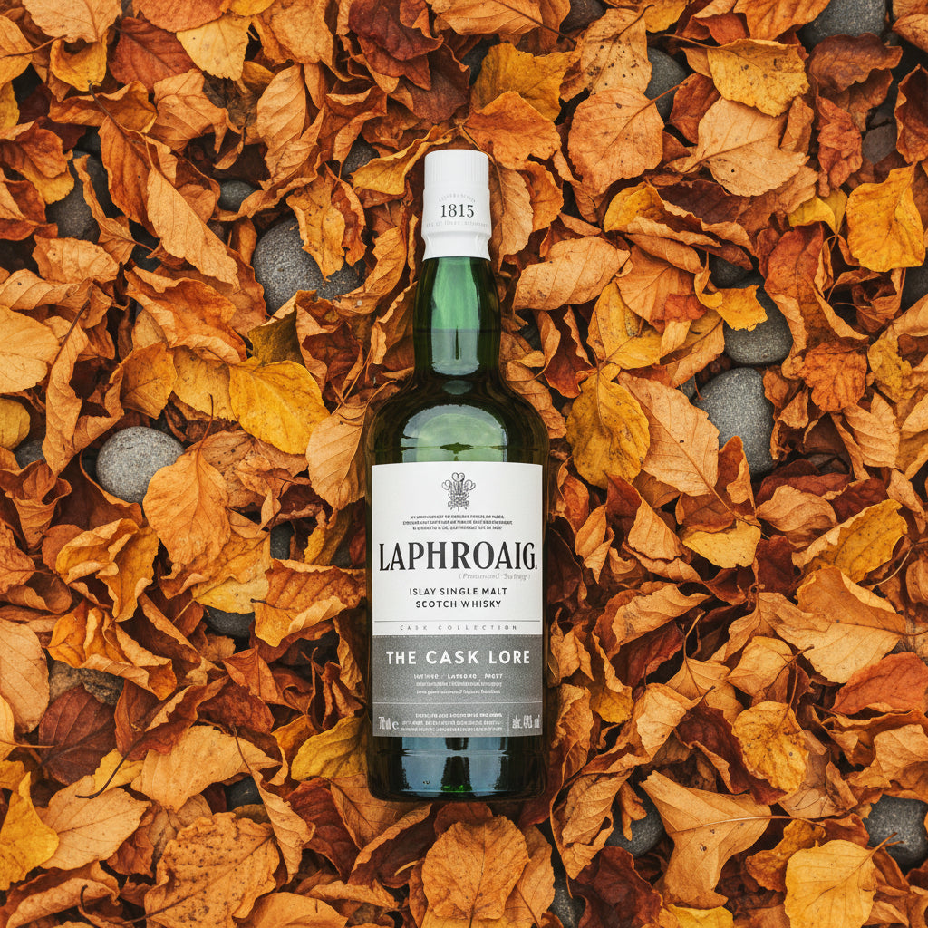 Load image into Gallery viewer, A bottle of Laphroaig The Cask Lore single malt Scotch whisky, set vertically against a background of dry autumn leaves in shades of orange, brown, and yellow.