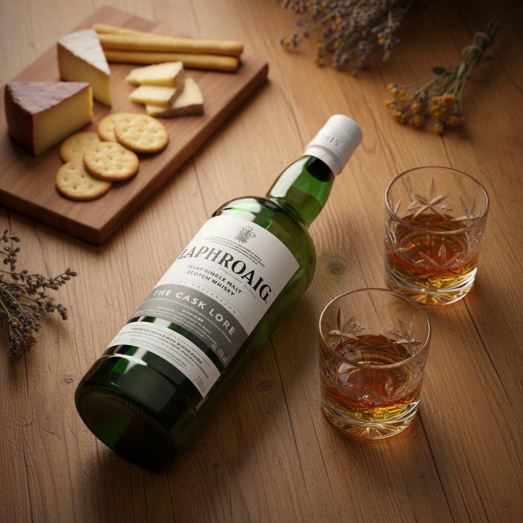 Load image into Gallery viewer, A bottle of Laphroaig Cask Lore single malt Scotch whisky lies on a wooden table beside two rocks glasses filled with amber whisky, with cheese and biscuits on a wooden board in the background.