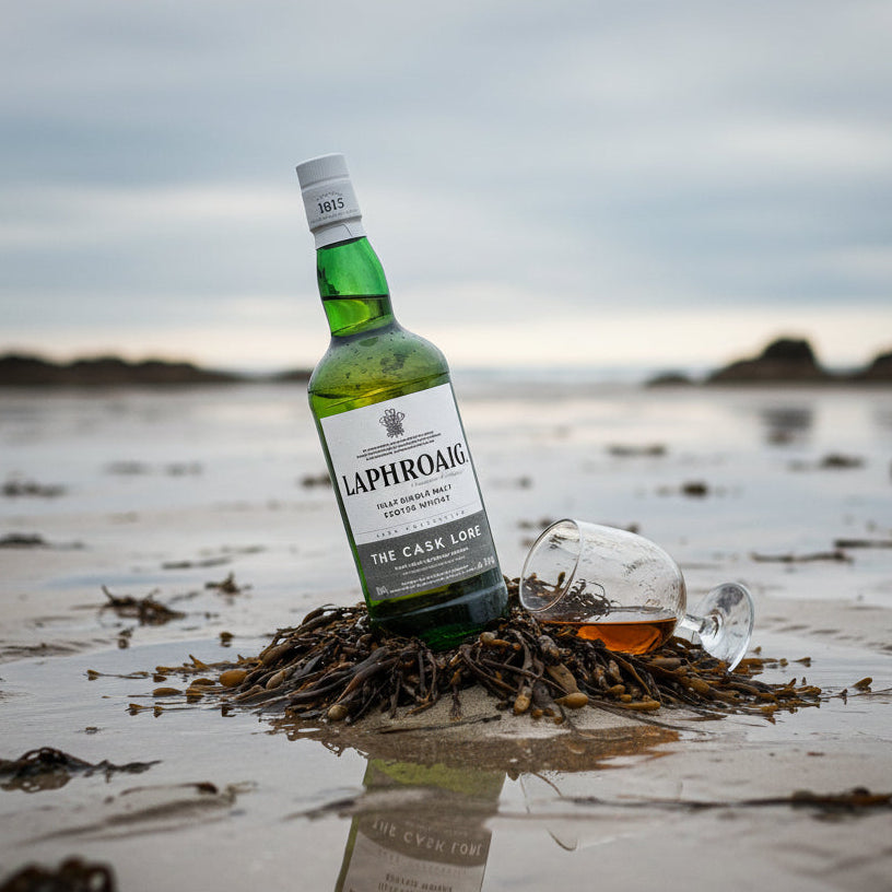 Load image into Gallery viewer, A green Laphroaig Cask Lore single malt whisky bottle stands on wet sand at a beach, with a broken glass and seaweed around its base under an overcast sky.