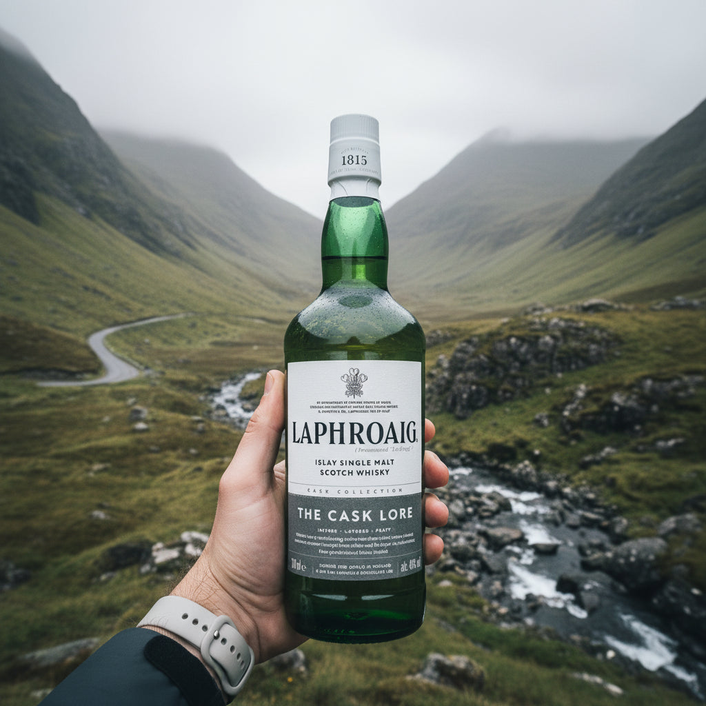Load image into Gallery viewer, A hand holds a bottle of Laphroaig The Cask Lore Scottish single malt whisky against a misty mountain valley landscape with a winding road and stream.
