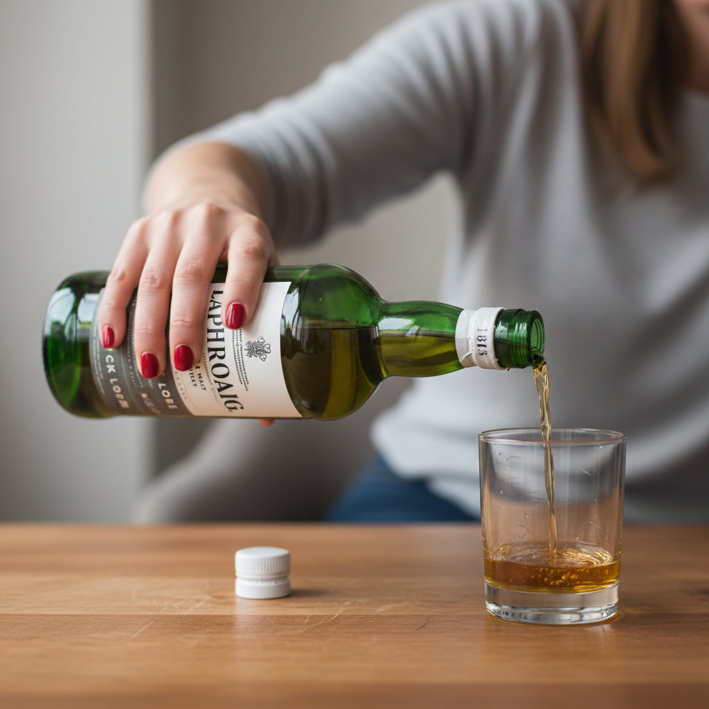 Load image into Gallery viewer, A woman in a grey long-sleeve shirt pours a bottle of Laphroaig Cask Lore Single Malt Whisky into a tumbler glass