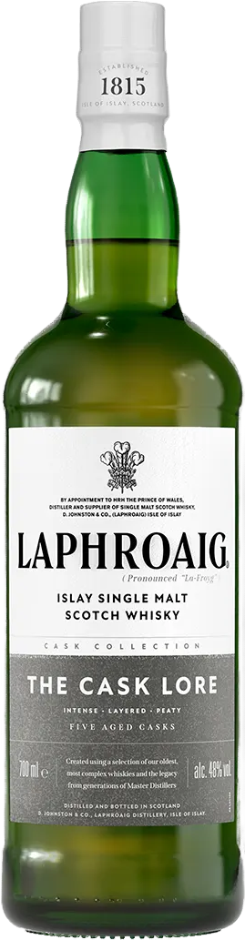 Load image into Gallery viewer, A bottle of Laphroaig The Cask Lore Single Malt Scotch Whisky, featuring a dark green glass bottle, white paper label, and white screw cap.
