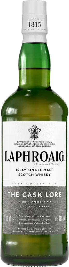 A bottle of Laphroaig The Cask Lore Single Malt Scotch Whisky, featuring a dark green glass bottle, white paper label, and white screw cap.