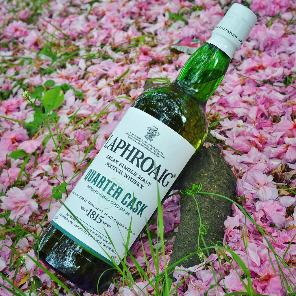 Laphroaig Quarter Cask whisky bottle on pink flower petals